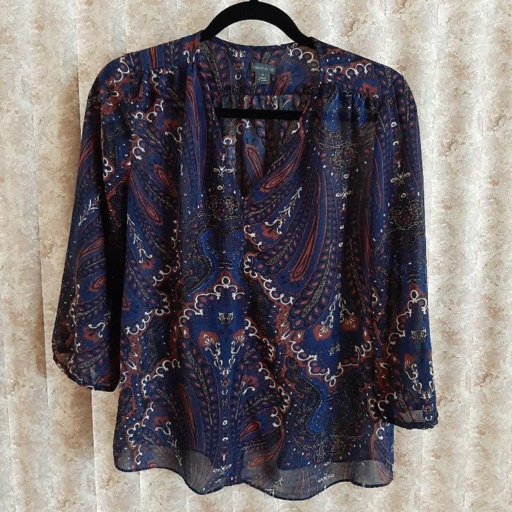 Blue, red, white, black paisley 3/4 sleeve blouse